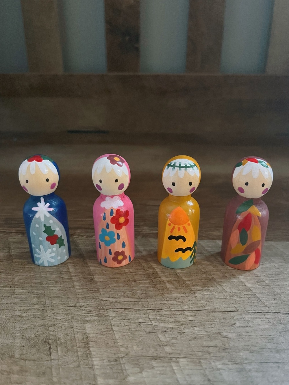 Hand-Painted Seasons Themed Wooden Peg Dolls Set - Montessori Toys /Teacher Gift